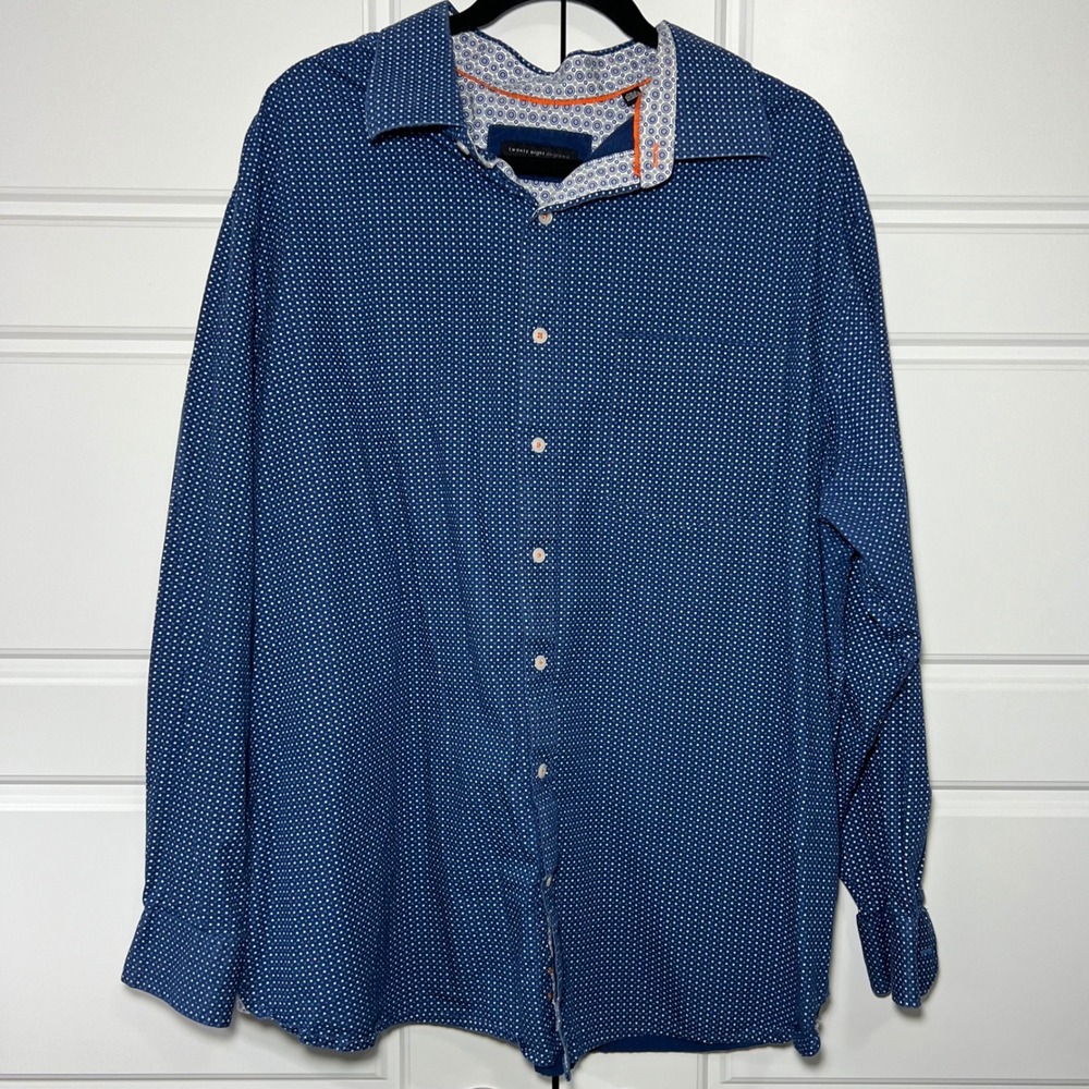 Twenty Eight Degrees Men Blue Dot Orange Accents Long Sleeve Button Up Shirt 1XL